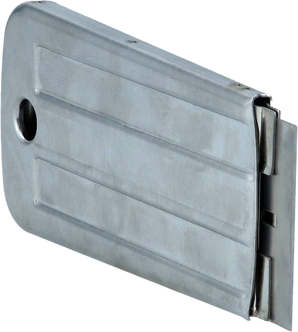 Metallkasten mit abgerundeten Ecken und seitlichem Loch. Dient als Komponente in technischen Geräten, zeigt robuste Bauweise.