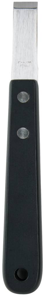 Ein einfaches, flaches Werkzeugmesser mit schwarzem Griff und metallener Klinge.