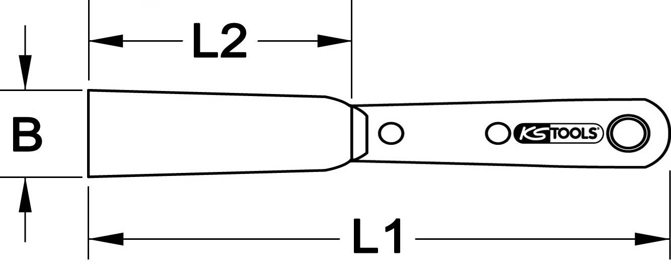 Technische Zeichnung eines Spachtels von KS Tools. Maße: L1 und L2 kennzeichnen Gesamtlänge, B die Breite des Spachtelblatts.