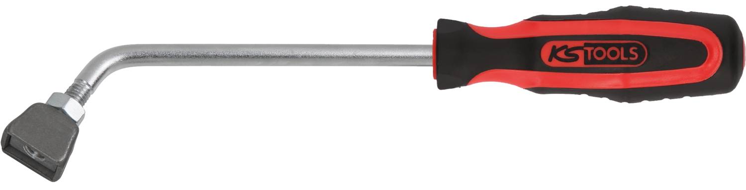 Ein schwarz-roter Handgriff mit langem, gebogenem Metallstab und flachem Ende, geeignet zum Lösen von Schrauben.