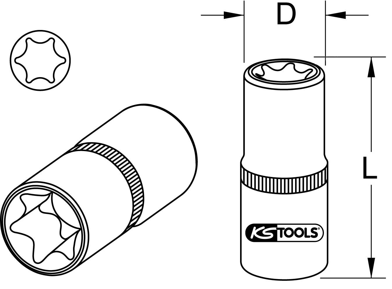 'KSTools' Tiefbett-Steckschlüssel, zylindrische Form, oben 6-zackiges Profil, Skizze mit Maßen 'D' und 'L'.