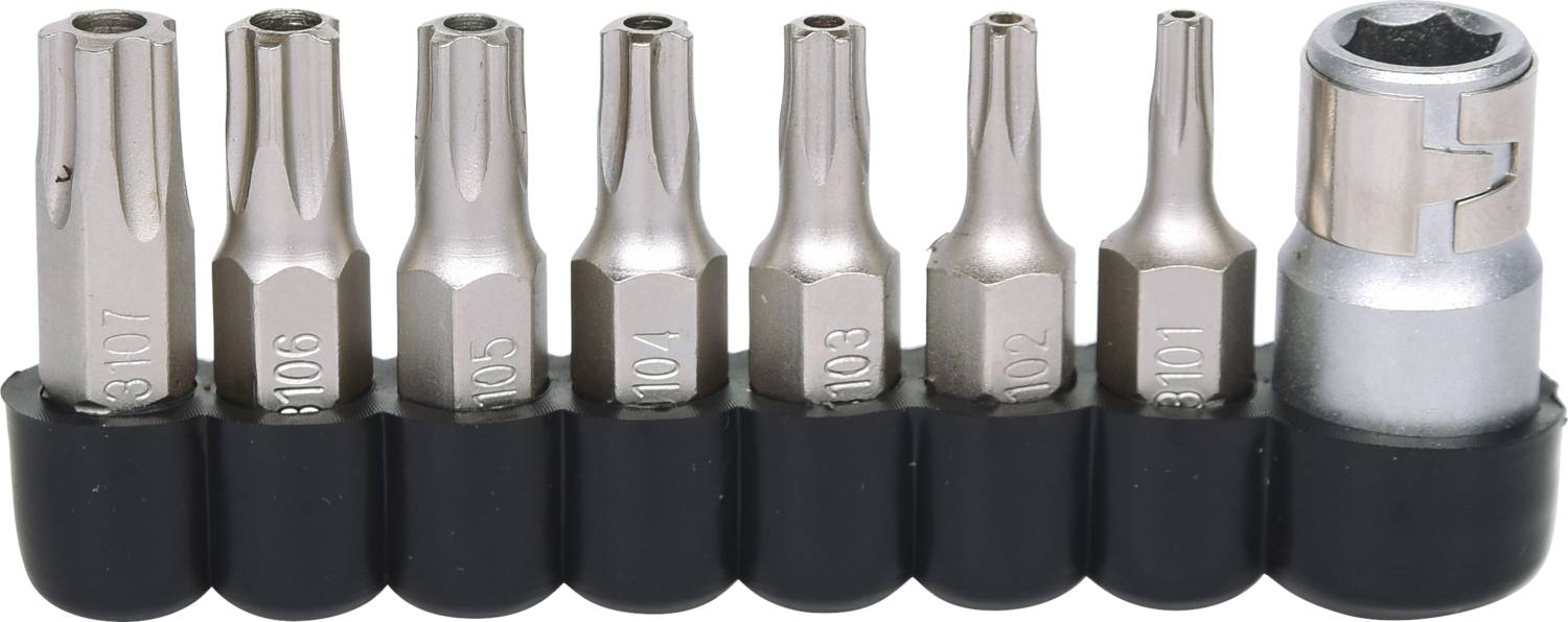 Ein Set von acht silbernen Torx-Schraubaufsätzen unterschiedlicher Größe, eingesteckt in eine schwarze Halterung, mit einer silbernen Stecknuss rechts.