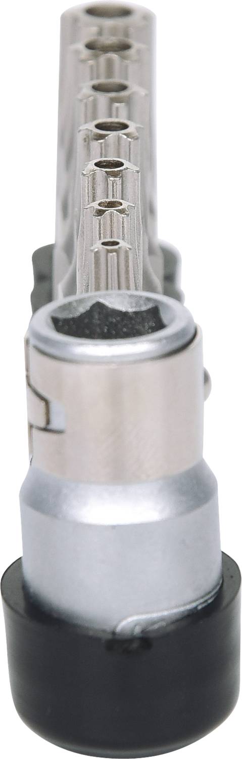 Metallschlüssel mit sechseckigen Einkerbungen in einer Reihe, möglicherweise Teil eines Werkzeugsatzes.