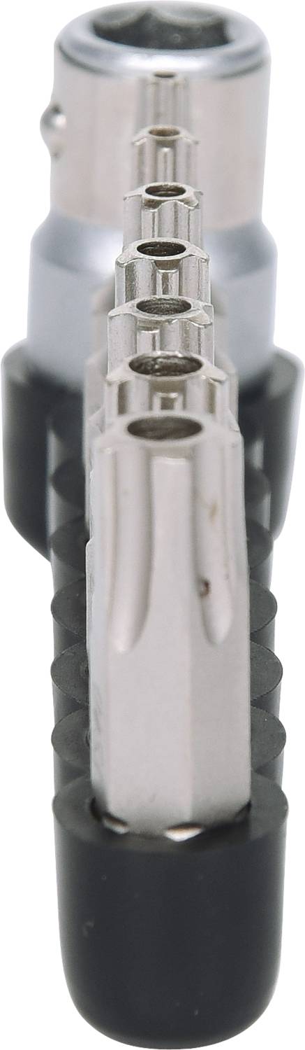 Eine Reihe von Schraubendreheraufsätzen in einem Bit-Halter, ausgerichtet in einer Linie; Vordergrund zeigt die Spitzen in Nahaufnahme.