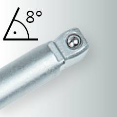 Ein Werkzeug mit schrägem Schneidkopf, Winkel von 8 Grad dargestellt durch Grafiksymbol. Hintergrund grau.