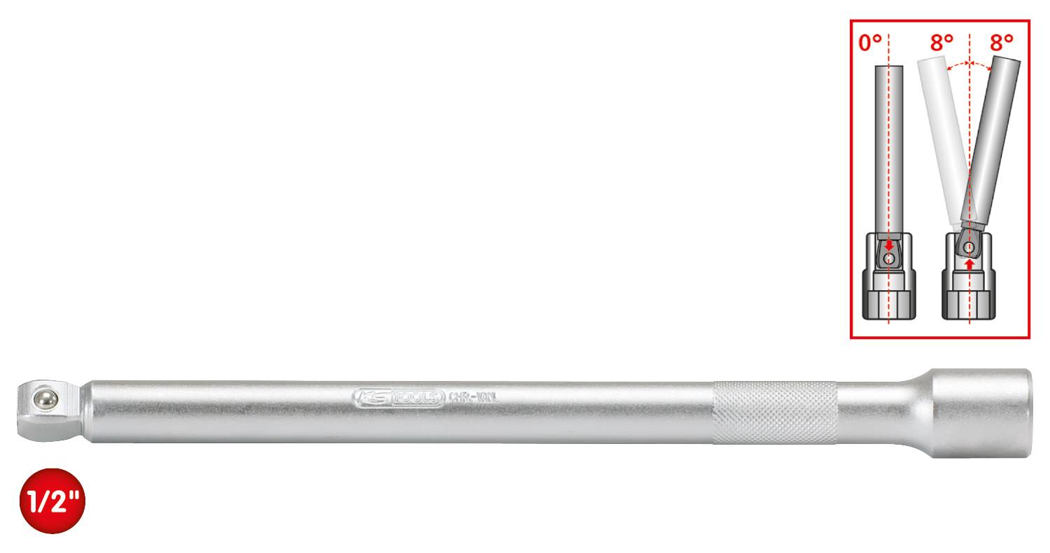 Ein silberner 1/2-Zoll-Knickgriff mit schwenkbarem Kopf (0° bis 8°) für mehr Flexibilität. Ideal für schwer zugängliche Stellen.