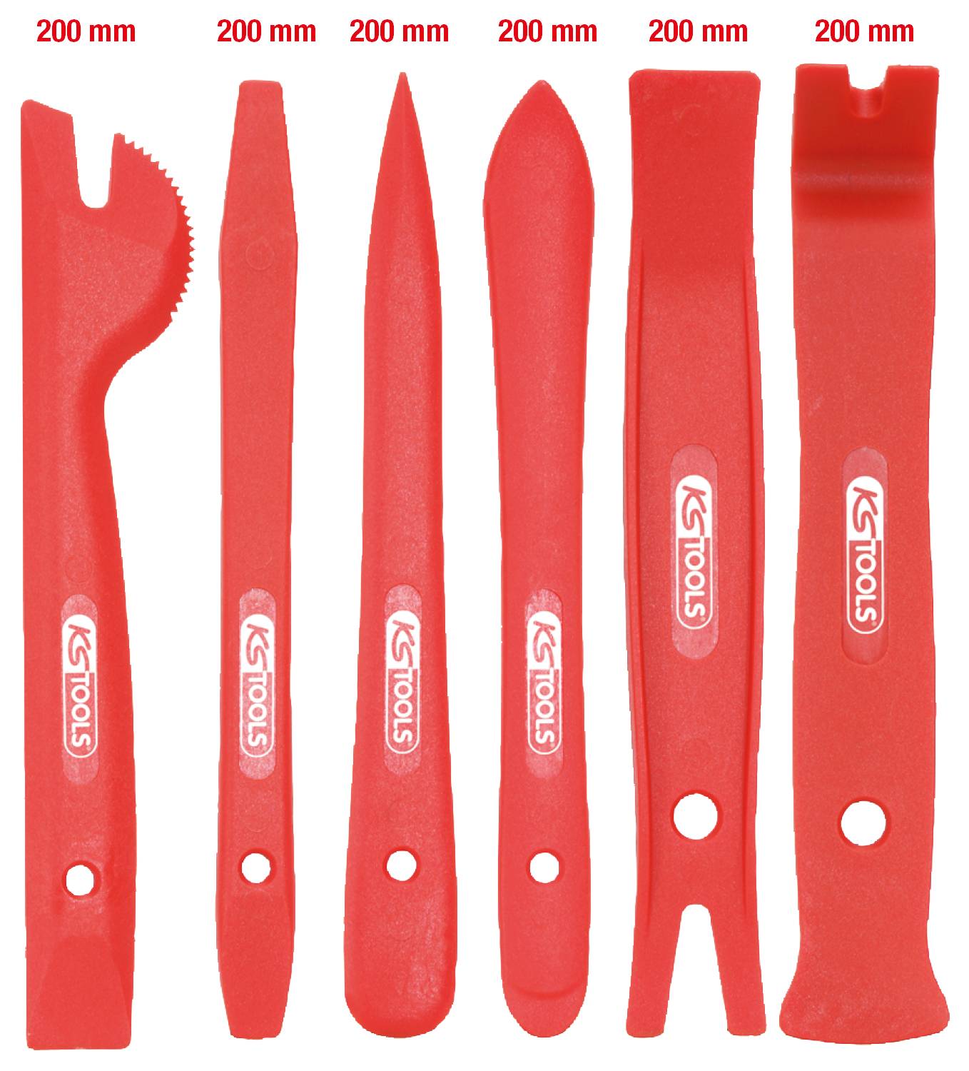 Sechs rote Kunststoffhebelwerkzeuge, jeweils 200 mm lang, in verschiedenen Formen und Enden zum Entfernen von Verkleidungen und Blenden.