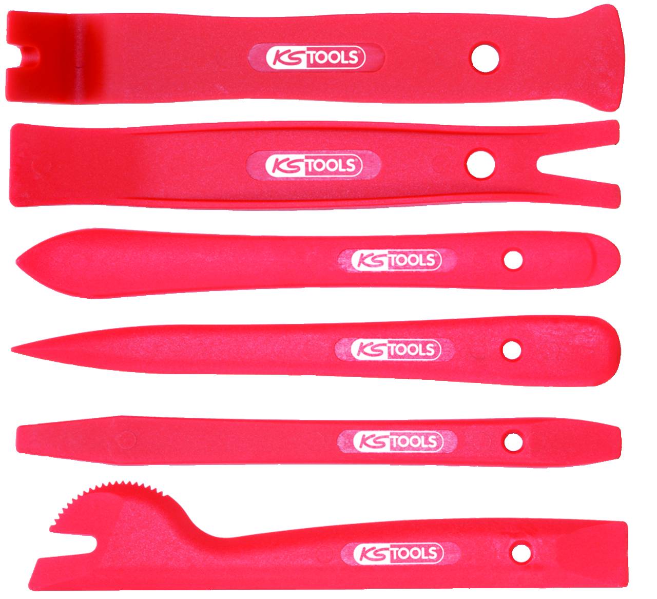 Rotes Kunststoff-Werkzeugset zum Entfernen von Paneelen mit sechs verschiedenen Formen, jeweils mit 'KS Tools'-Logo.