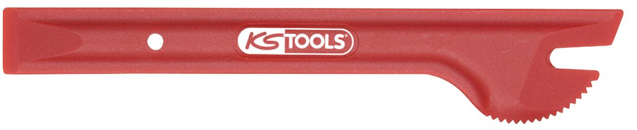 Ein rotes Kunststoffwerkzeug mit gezahntem Ende und 'KS Tools'-Logo, vermutlich zum Öffnen oder Fixieren gedacht, auf weißem Hintergrund.