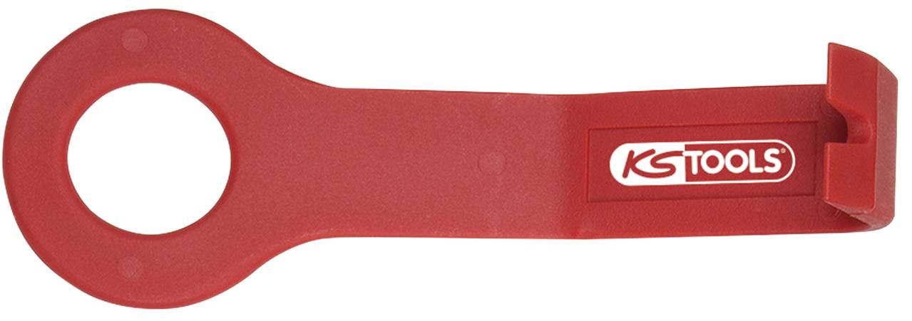 Ein rotes Kunststoffwerkzeug mit einem Loch am einen Ende und einem Haken am anderen, mit der Aufschrift 'KS Tools'.
