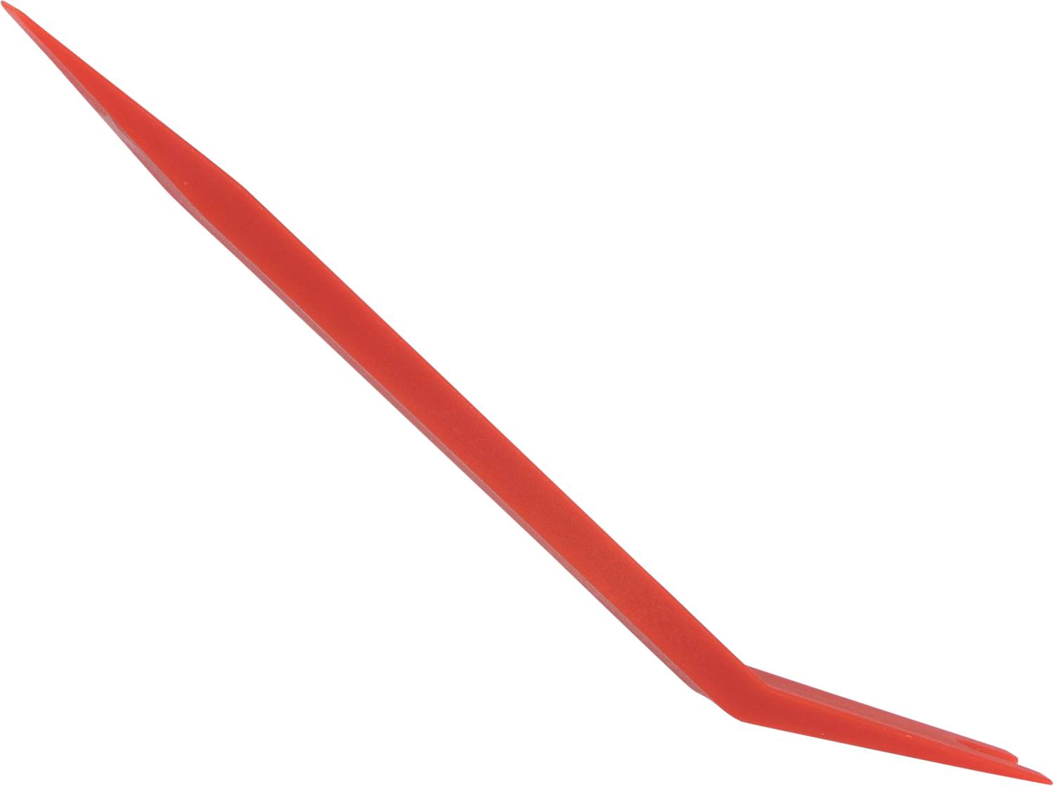 Rotes, zweiseitiges Kunststoffwerkzeug, ein Ende spitz, das andere gebogen. Möglicherweise ein Werkzeug zum Heben oder Trennen.