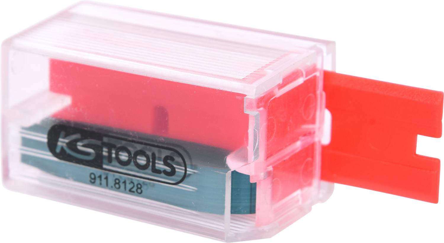 Ein rechteckiger Kunststoffbox mit abnehmbarem roten Deckel und der Aufschrift 'KS TOOLS 911.8128' auf der Seite.