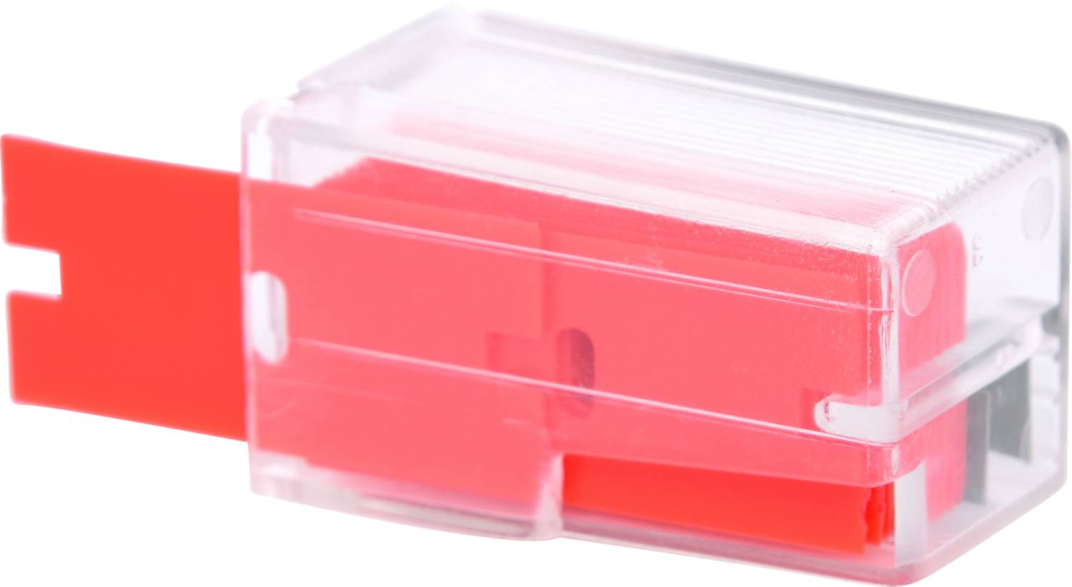 Ein transparenter Kunststoffbehälter mit rotem Verschluss, der eine kleine, mechanische Vorrichtung enthält.