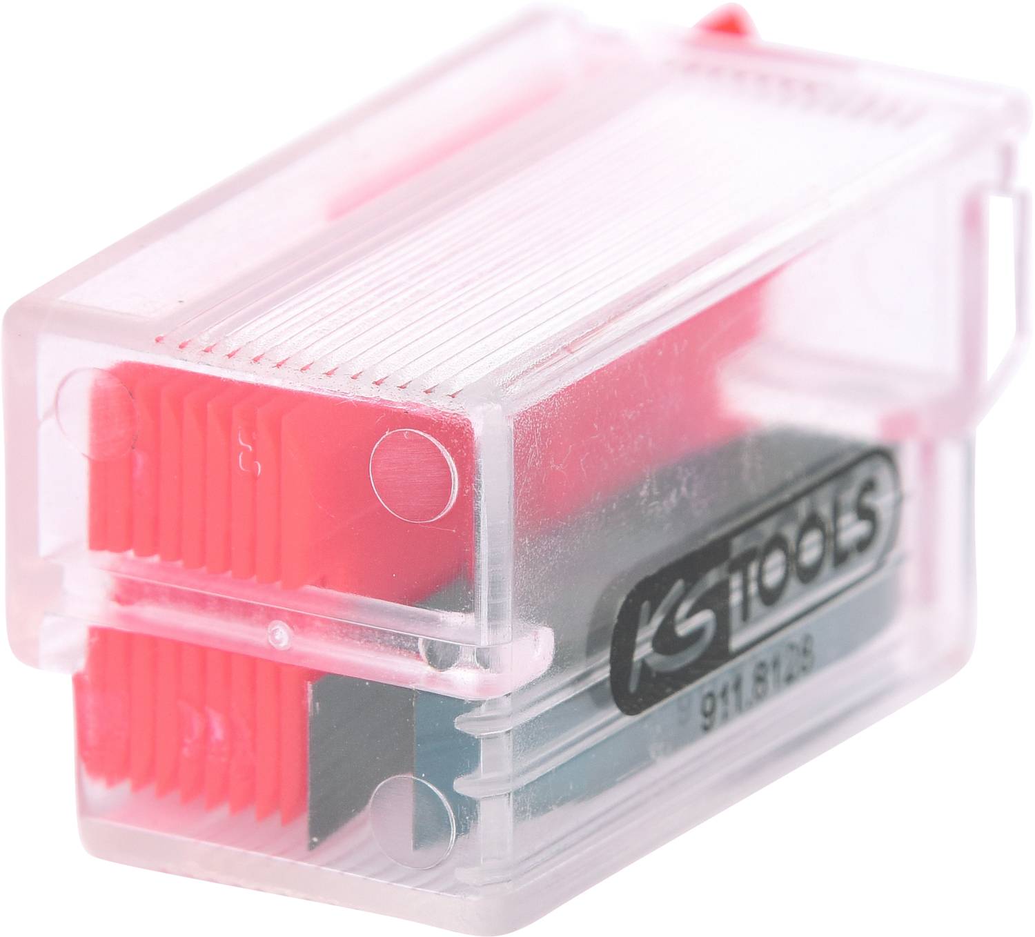 Ein transparenter Kunststoffspitzer mit rotem Einsatz und der Aufschrift 'TOOLS'. Geeignet zum Anspitzen von kleinen Bleistiften.