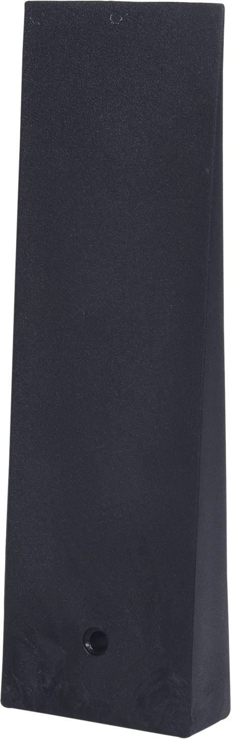 Ein schwarzer, rechteckiger, leicht keilförmiger Block aus stabilem Material mit einer kleinen runden Öffnung an der Unterseite.