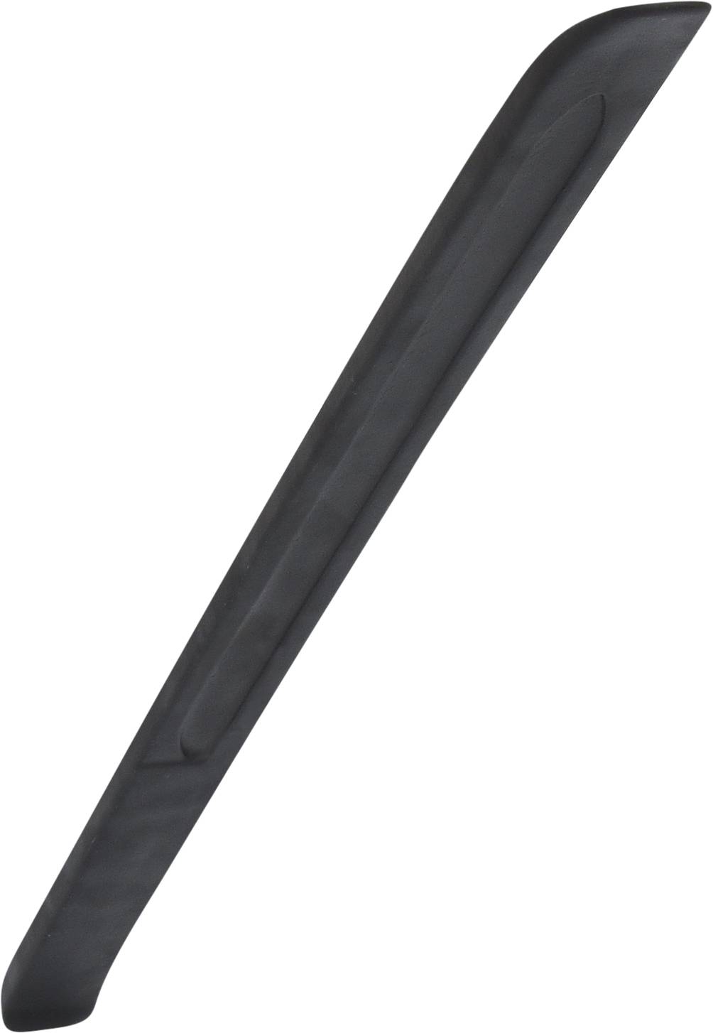 Ein langer, schmaler schwarzer Gegenstand mit abgerundeten Kanten und einer leicht gebogenen Form. Möglicherweise ein Werkzeugaufsatz.