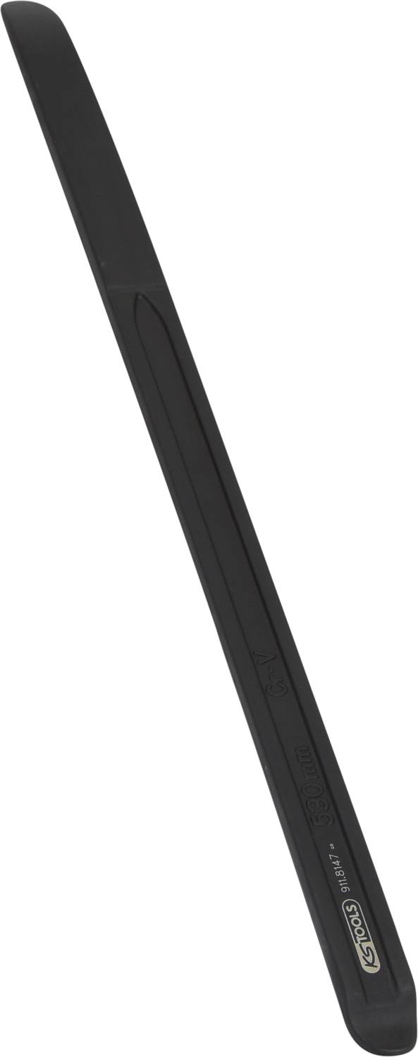 Ein schwarzer Reifenheber aus Kunststoff, verwendet zum Entfernen von Reifen von Fahrradrädern. Schlichtes, längliches Design.