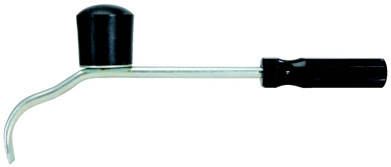 'Bougie' für Zündkerzen mit schwarzem Griff, gebogener Metallstab und gezahntem Ende. Verwendet zum Entfernen von Zündkerzen.