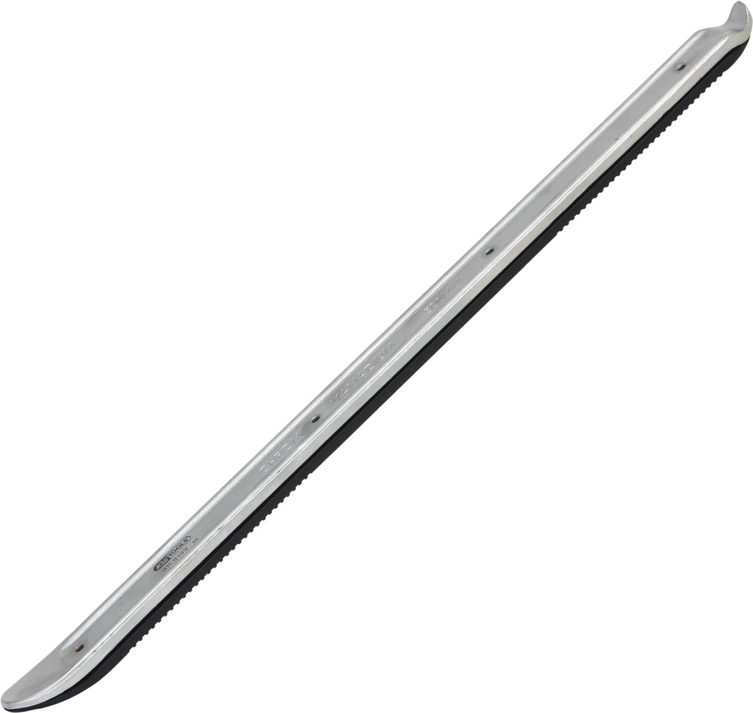 Ersatz-Eishockeykufe aus Metall mit schwarzen Kunststoffkanten, verwendet für Eishockeyschlittschuhe zum Gleiten auf Eis.