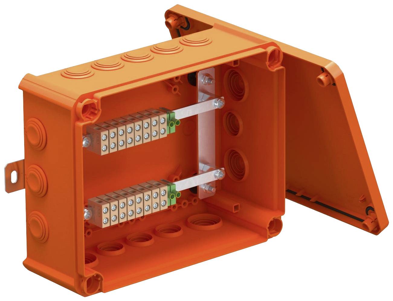 Oranger Verteilerkasten mit offenem Deckel, zeigt innenliegende Klemmenleisten und Kabelkanäle, für elektrische Installationen.