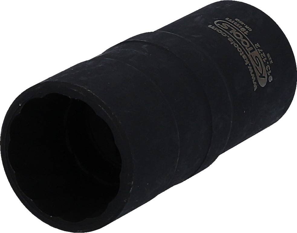Ein schwarzer, zylindrischer Aufsatz mit geriffeltem Innenrand. Möglicherweise ein Werkzeugaufsatz, der für spezielle Befestigungen geeignet ist.