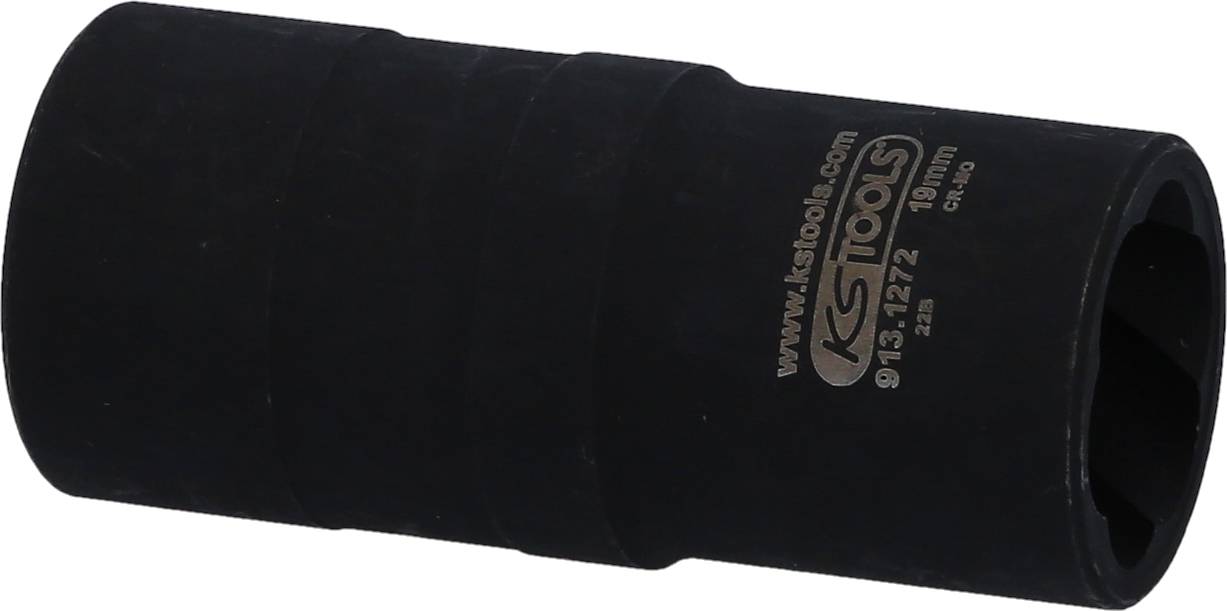 Ein schwarzer Steckschlüsselaufsatz, 19 mm, mit Markierung 'www.kstools.com', von KS Tools, auf weißem Hintergrund.