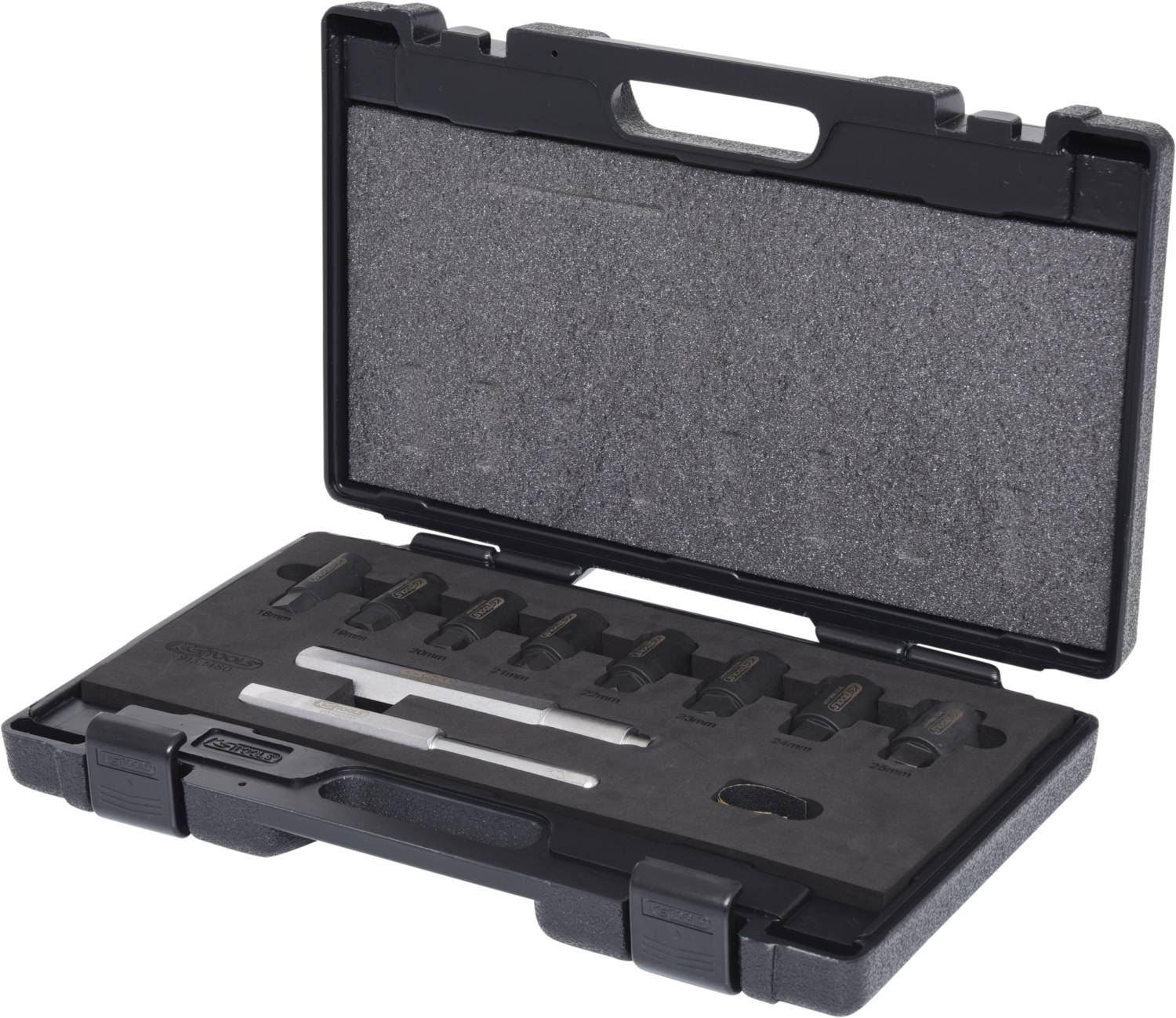 Geöffneter Koffer mit mehreren Schraubköpfen und Werkzeugen in speziell vorgesehenen Fächern, bereit für den Gebrauch.