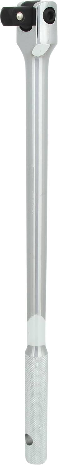 Metallischer Werkzeuggriff mit drehbarem Kopf, zur Verlängerung von Werkzeugen. Silberfarben, mit geriffeltem Griffbereich.