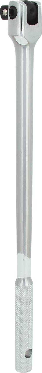 Silberfarbene Stahlknarre mit Gelenkkopf. Verstellbarer Griff mit geriffelter Oberfläche für verbesserten Halt. Werkzeug für Mechanikarbeiten.