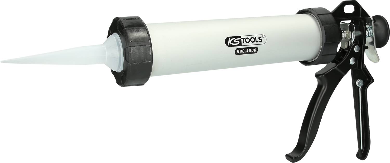 Eine weiße Kartuschenpistole mit schwarzem Griff und der Aufschrift 'KS Tools'. Verwendet zum Auftragen von Dichtmitteln.