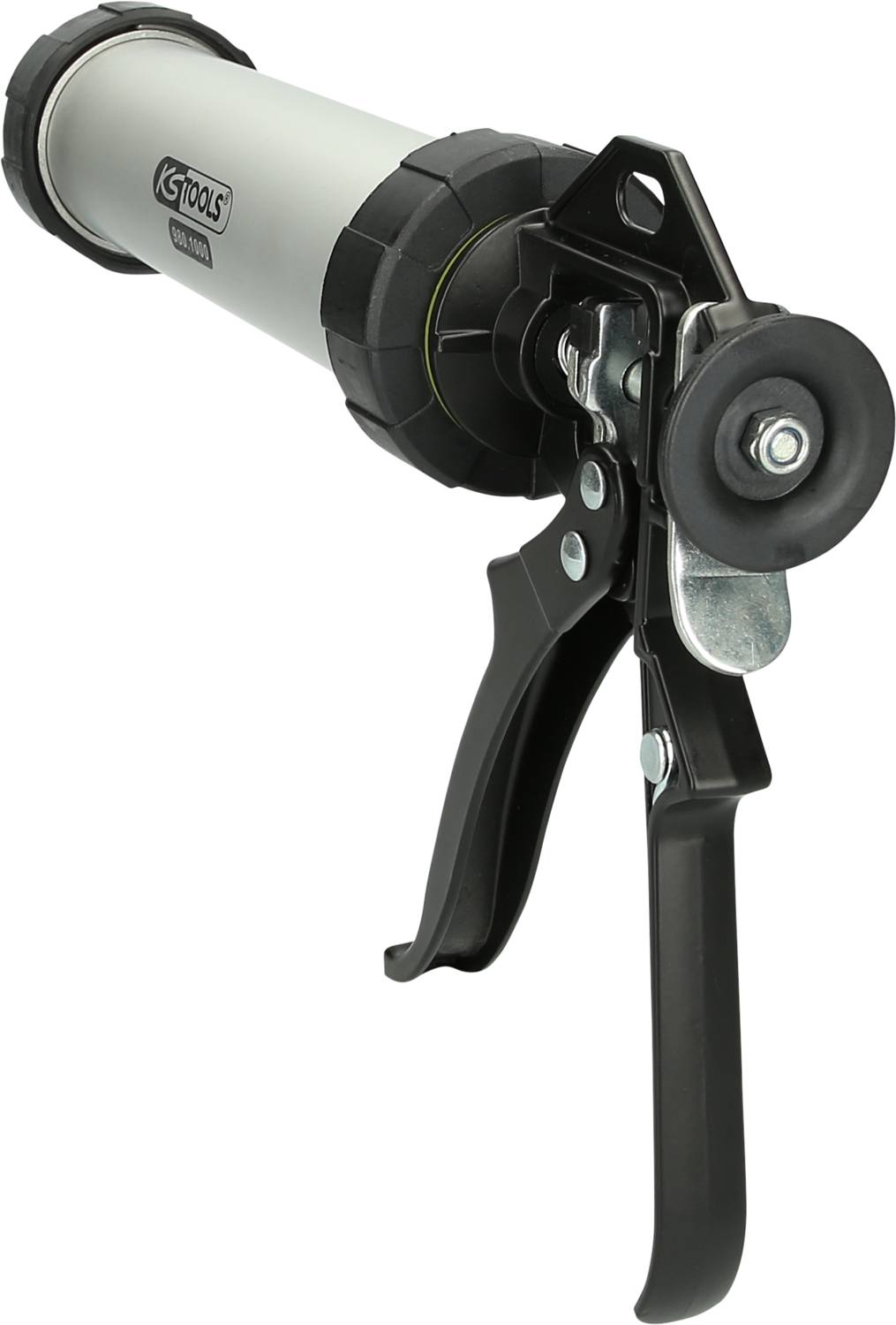 Kartuschenpistole aus Metall in seitlicher Ansicht. Sie hat einen ergonomischen Griff und wird zur präzisen Dosierung von Dichtmitteln verwendet.