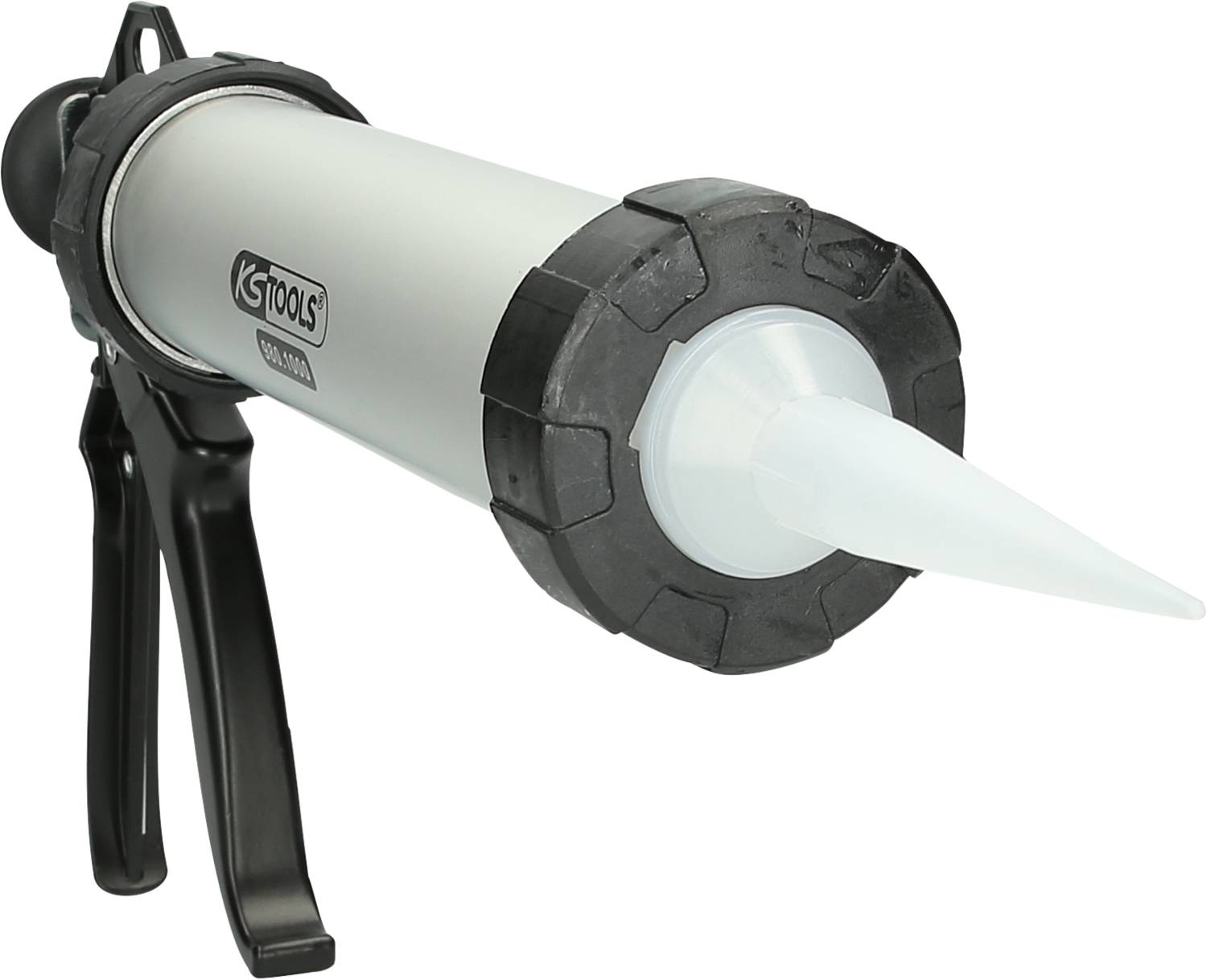 Fugenpistole mit Metallkörper und Plastikdüse, geeignet für Silikon- oder Acrylanwendungen, liegt auf weißem Hintergrund.