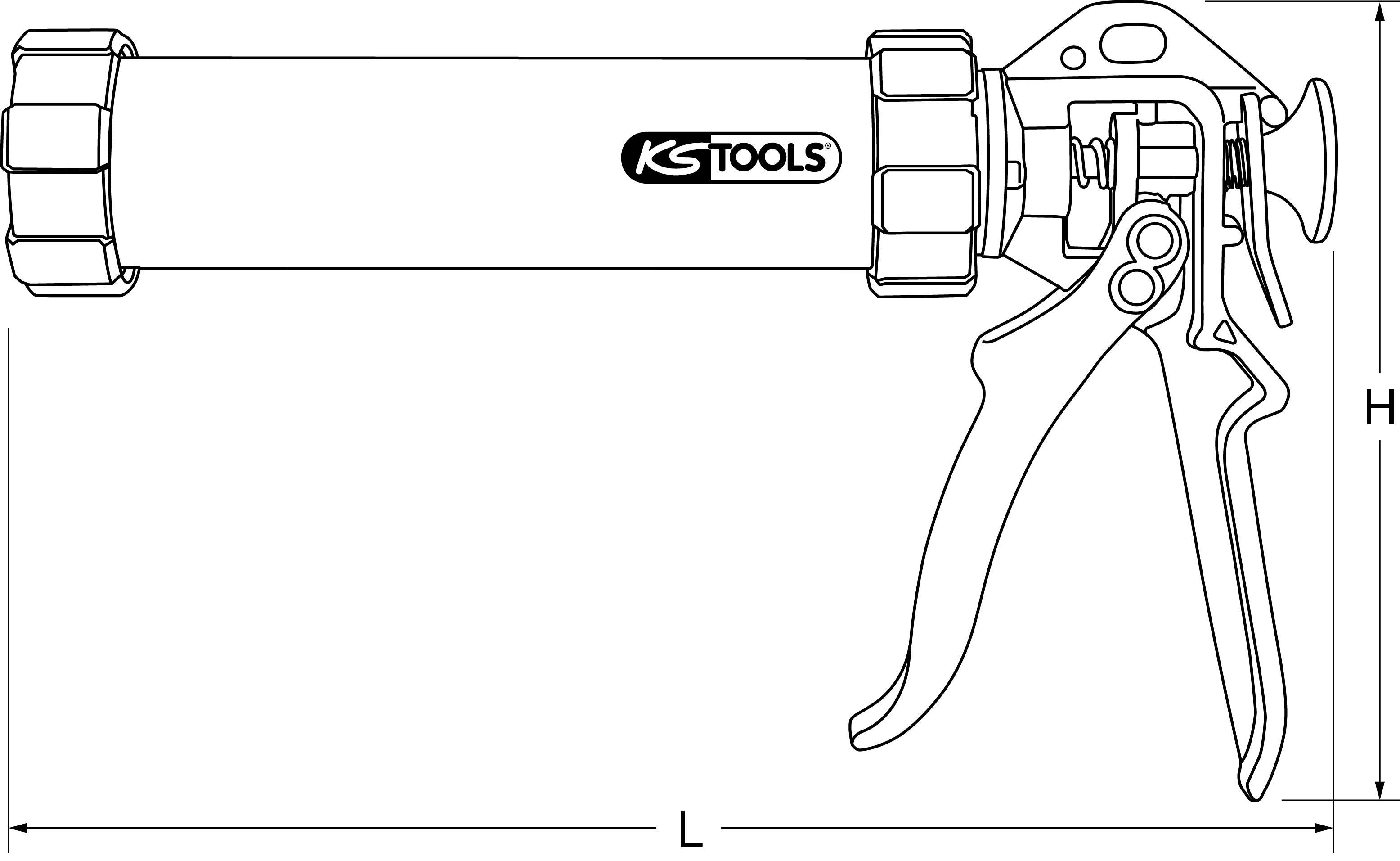 Die Abbildung zeigt eine Kartuschenpistole von KS Tools mit zwei Griffen und einer Vorrichtung zum Auslösen. Maße L und H sind angegeben.