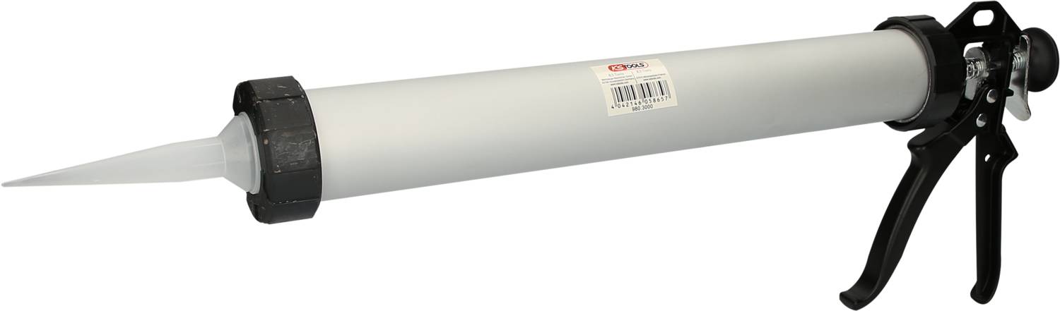 Fugenpistole mit langem, silberfarbenem Zylinder und schwarzem Griff, verwendet zum präzisen Auftragen von Dichtungsmassen.