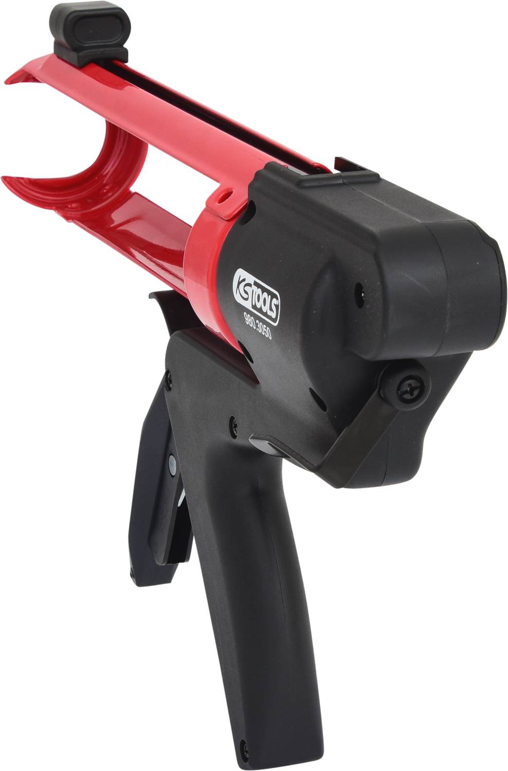 Rote und schwarze Kartuschenpistole mit ergonomischem Griff für präzises Auftragen von Dichtstoffen in Bau- und Reparaturanwendungen.