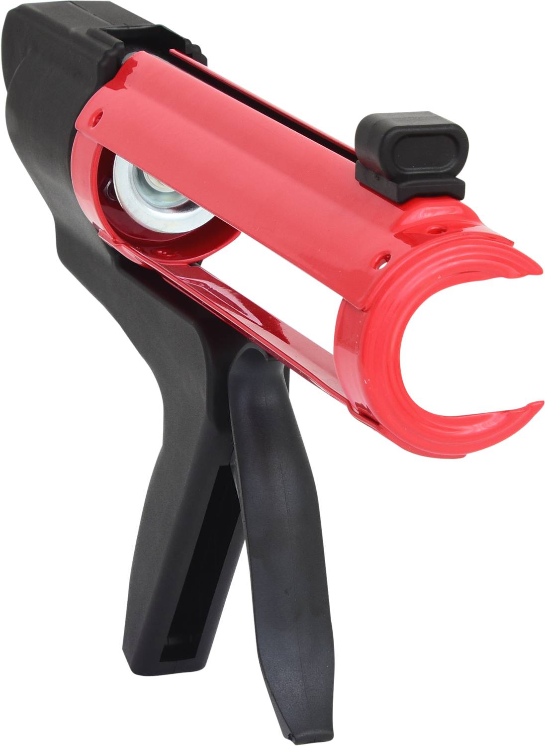 Eine rote Kartuschenpistole mit schwarzem Griff, verwendet zum Auspressen von Dichtstoffen oder Klebstoffen aus Kartuschen.