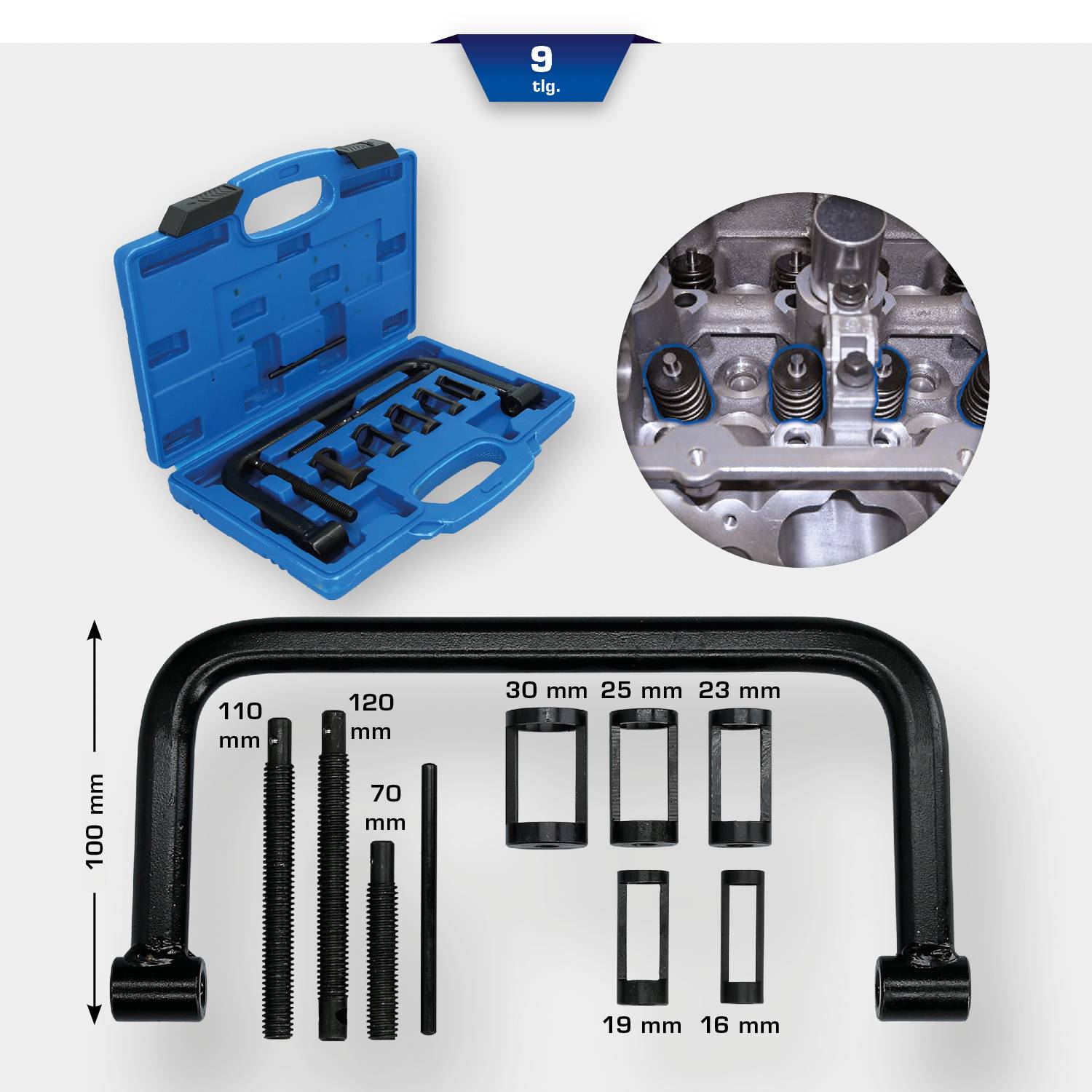 Ein Set von Ventileinstellwerkzeugen mit einem blauen Koffer und verschiedenen Messinstrumenten für präzise Arbeiten.