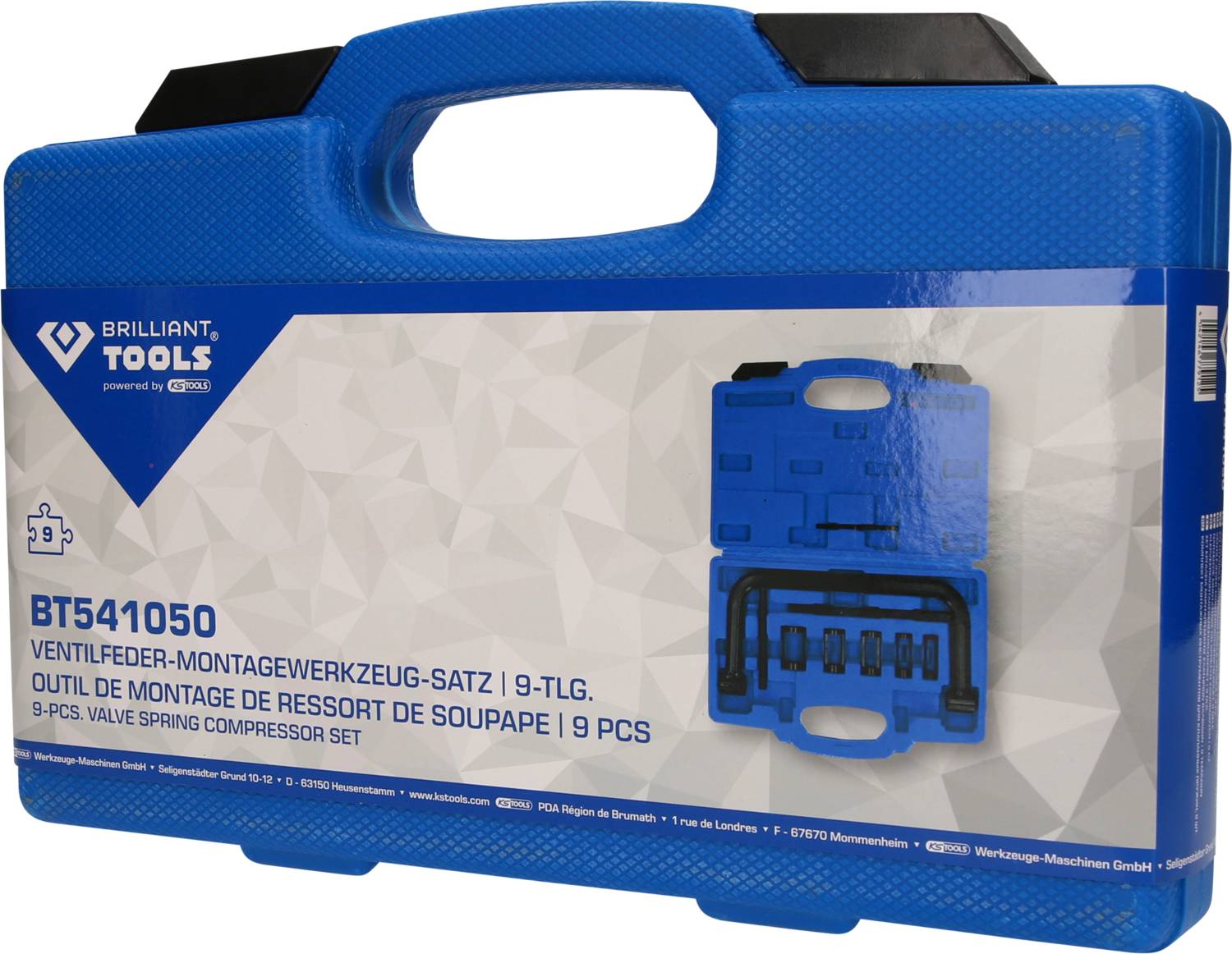 Tragbarer blauer Koffer mit 9-teiligen Ventilfeder-Montagewerkzeugen der Marke Brilliant Tools, Modell BT541050.
