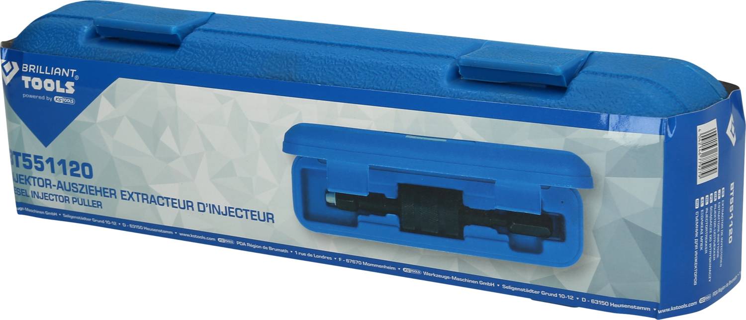 Eine blaue Verpackung für einen Injektor-Auszieher, Modellnummer T551120 der Marke 'Brilliant Tools'.