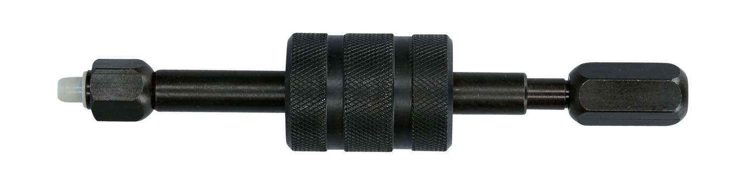 Ein schwarzer Metallwerkzeug, vermutlich ein Ausdrückwerkzeug, mit zwei gerändelten Griffen und einer sechskantigen Mutter an einem Ende.