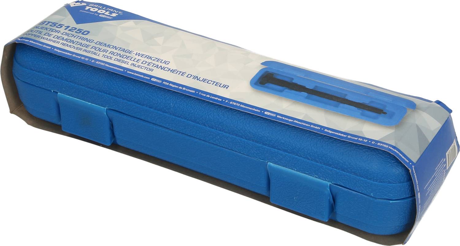 Blauer Werkzeugkoffer mit Schaumstoffverkleidung, enthält spezifische Werkzeuge zur Injektor-Demontage, durch klaren Plastikdeckel sichtbar.
