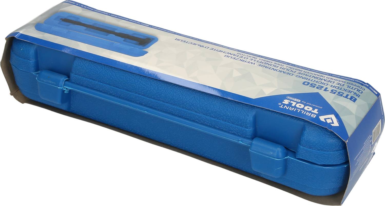 Blauer Werkzeugsatz in rechteckiger Verpackung. Enthält mehrere Werkzeuge. Verpackung zeigt einen Tragegriff und Produktinformationen.