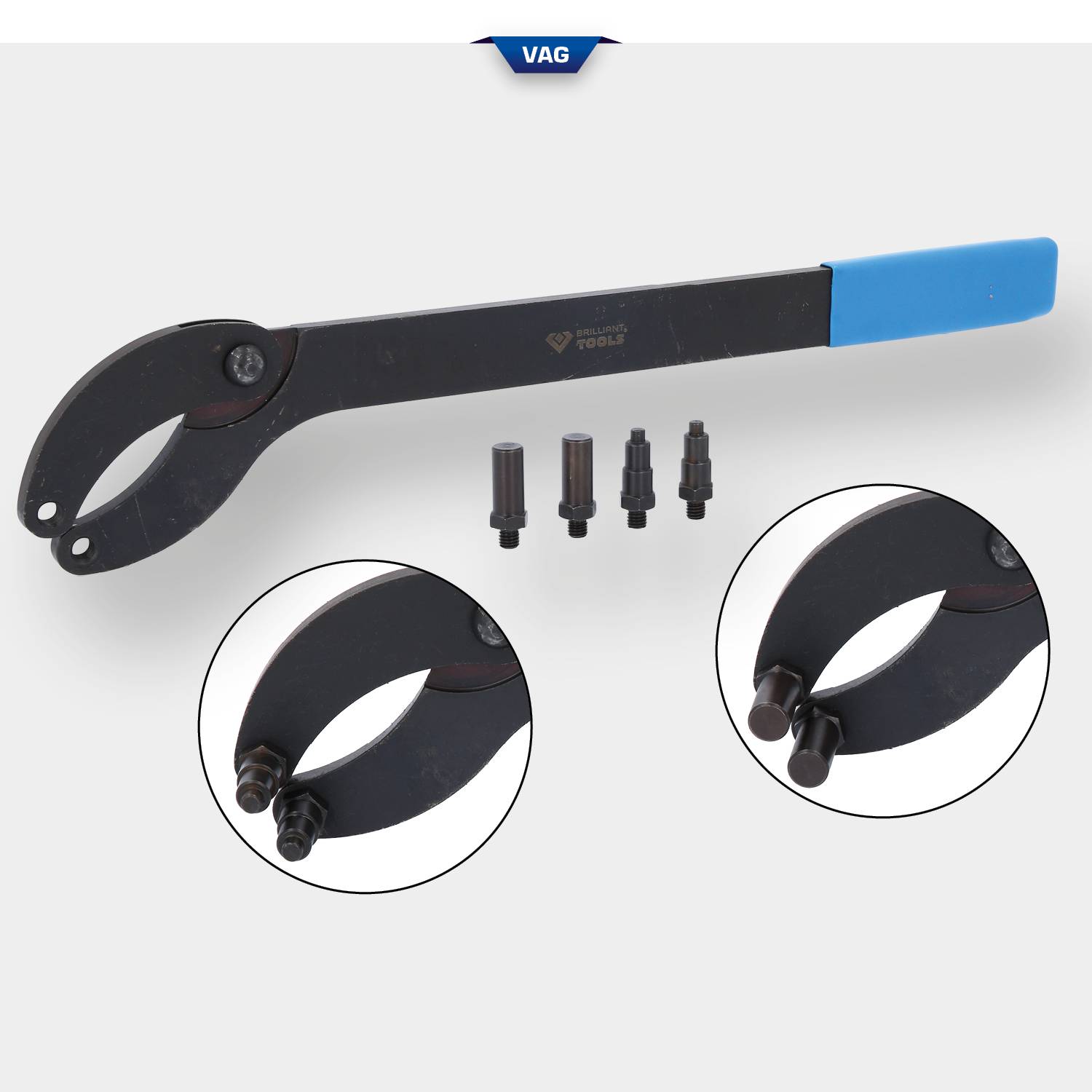 Spezialwerkzeug mit blauem Griff, wahrscheinlich ein Spanner, mit drei austauschbaren Einsätzen für verschiedene Anwendungen.