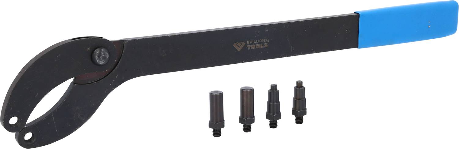 Werkzeugset mit einem Drehmomentschlüssel und vier austauschbaren Köpfen, geeignet für verschiedene Schraubengrößen.