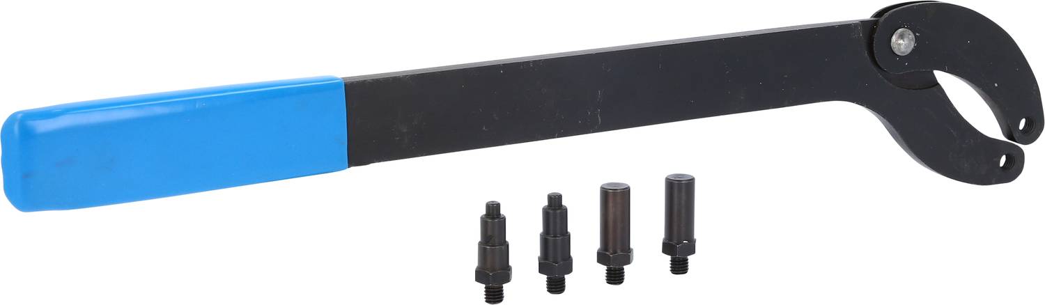Schwarzer Hakenschlüssel mit blauem Griff und vier verschiedenen schwarzen Adaptern, die auf einem weißen Hintergrund liegen.