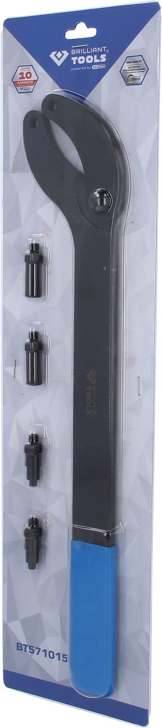 Verpackung mit einem Hakenschlüssel und vier austauschbaren Köpfen, geeignet für verschiedene Anwendungen in der Mechanik.