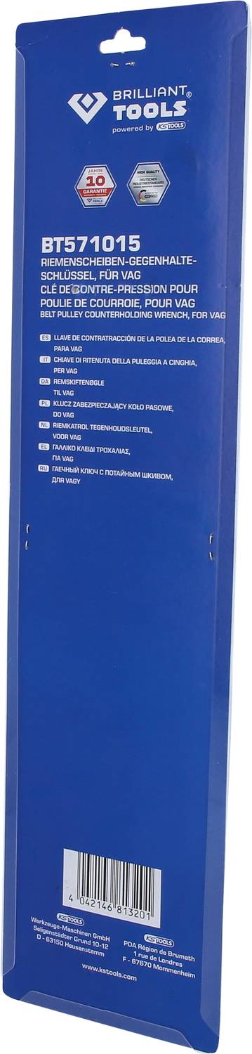 Blaues Werkzeugset von Brilliant Tools, Modell BT571015, mit Spezifikationen und Barcode auf der Verpackung. 10 Jahre Garantie.