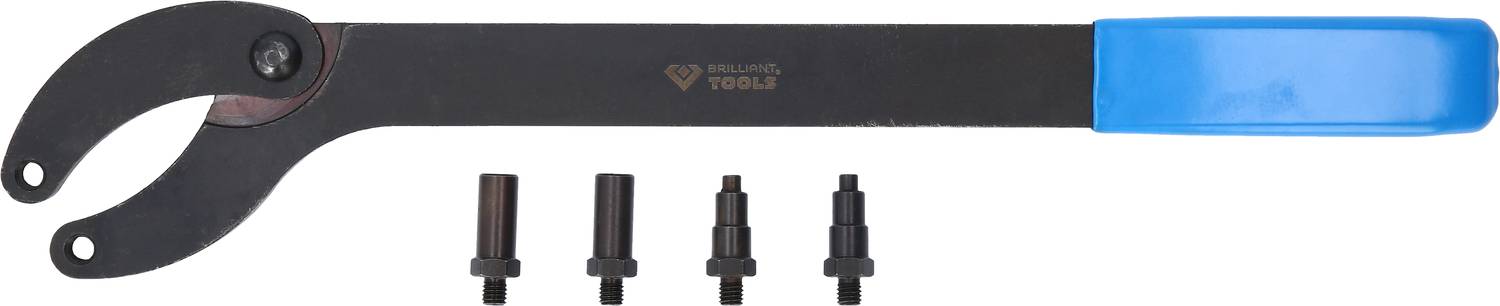 Ein schwarzer Hakenschlüssel mit blauem Griff, daneben vier Adapter in unterschiedlicher Größe. Werkzeug für spezialisierte Anwendungen.