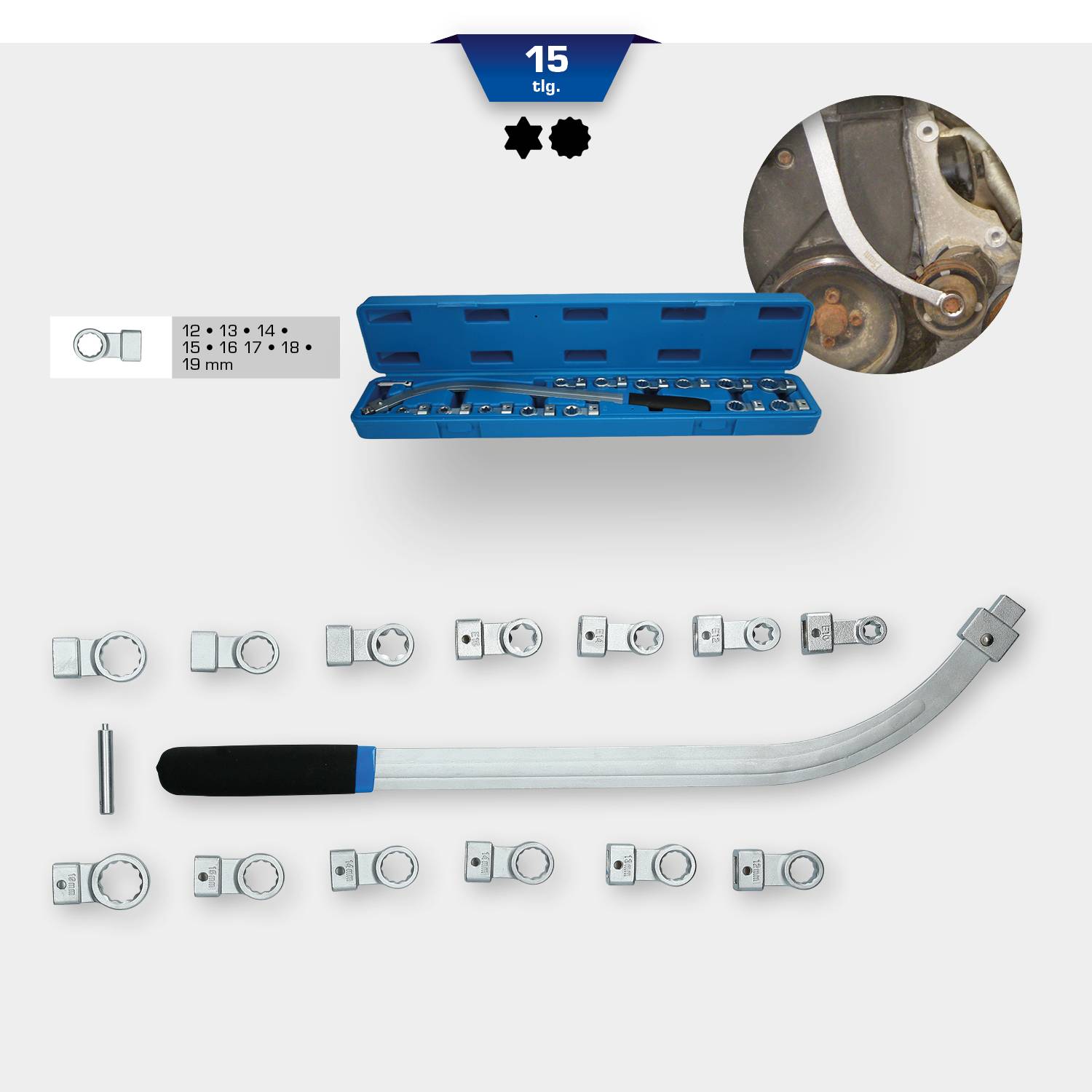 Brilliant Tools BT571060 Keilriemen und Spannrollen-Schlüssel-Satz, 15-tlg