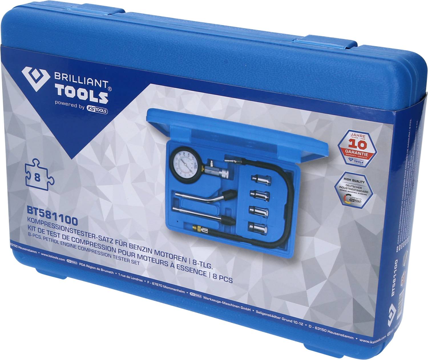 Brilliant Tools BT581100 Kompressionstester-Satz für Benzin Motoren, 8-tlg